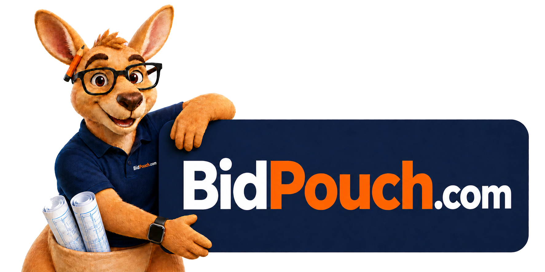 Roofus hugging the BidPouch.com wordmark